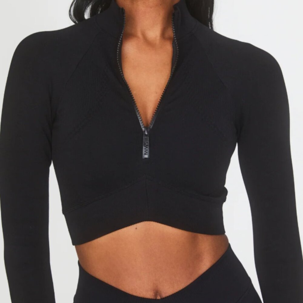 Joja Exhale Long Sleeve Cropped Zip Mock Neck Athletic Top Midnight Black‎ Small